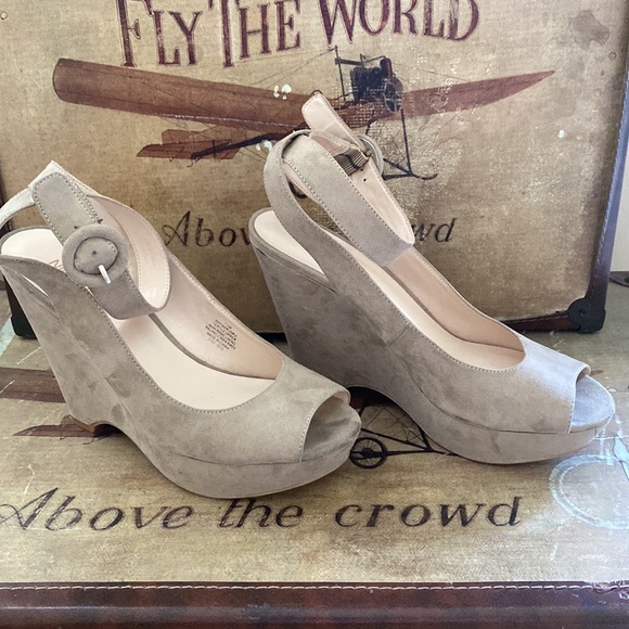 Nine West Shoes - NINE WEST Marjorie Faux Suede Wedge Platform Peeptoe- light taupe